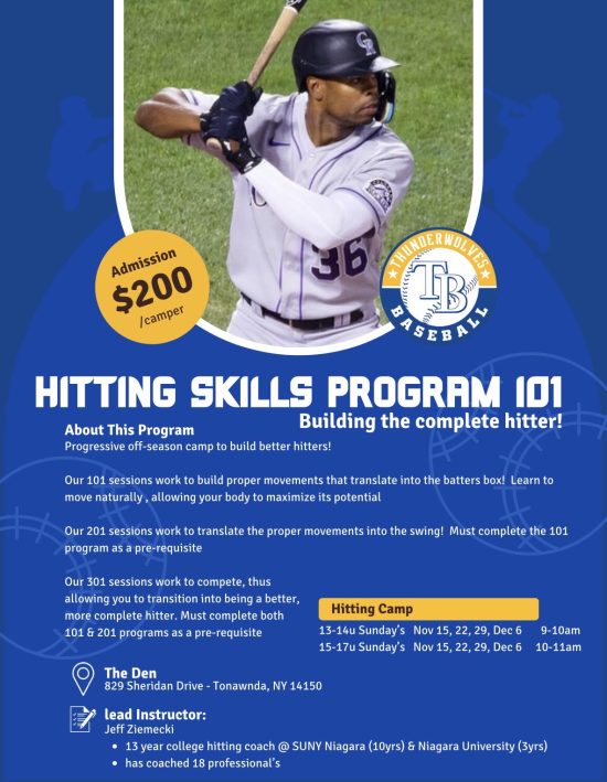 Thunderwolves Hitting Skills Program 101 flyer - 00 per camper, Sundays Nov 15 to Dec 6 at The Den